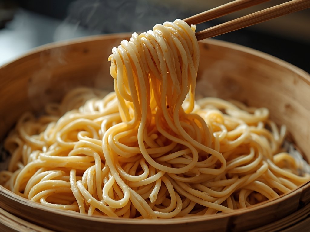 A pile of perfectly cooked ramen noodles in a bamboo
