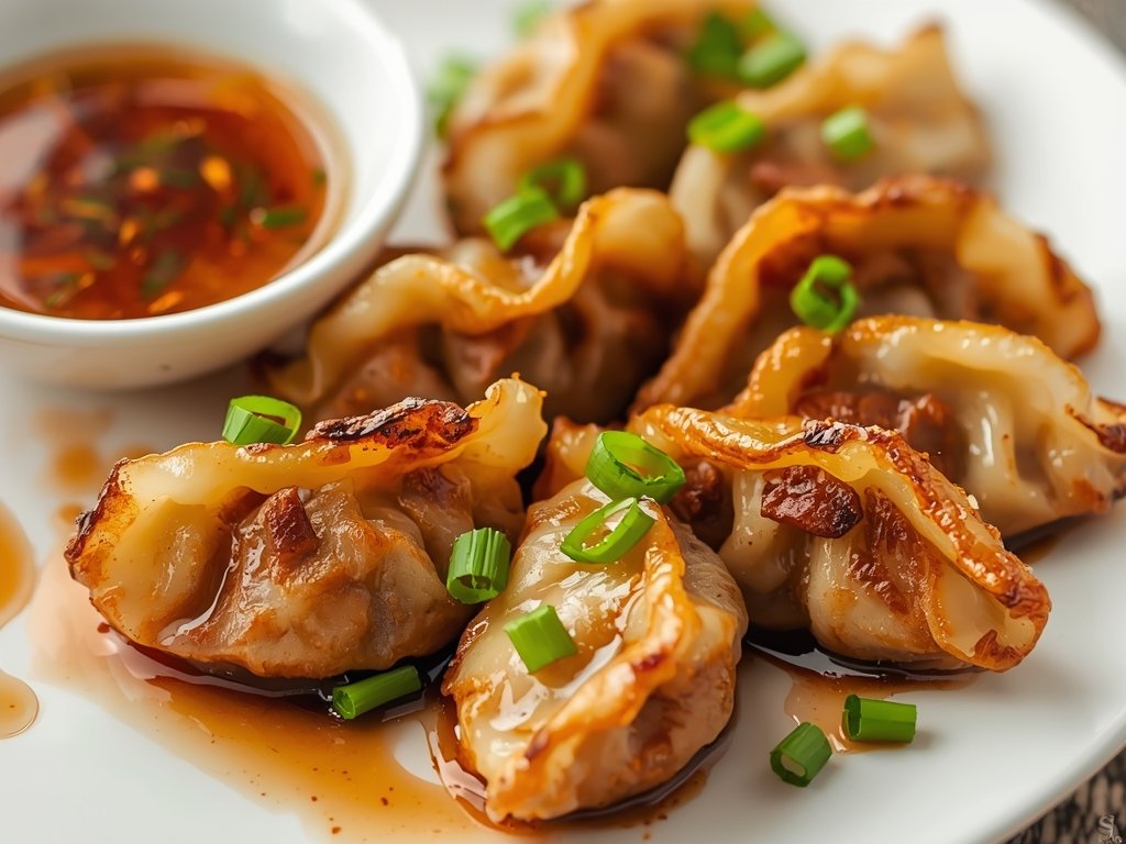 A plate of crispy pan-fried pork dumplings (potstickers) with a
