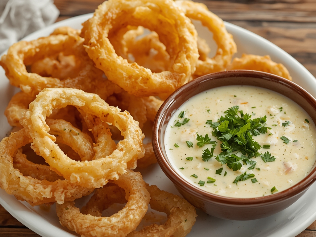 A plate of onion rings served with a side of