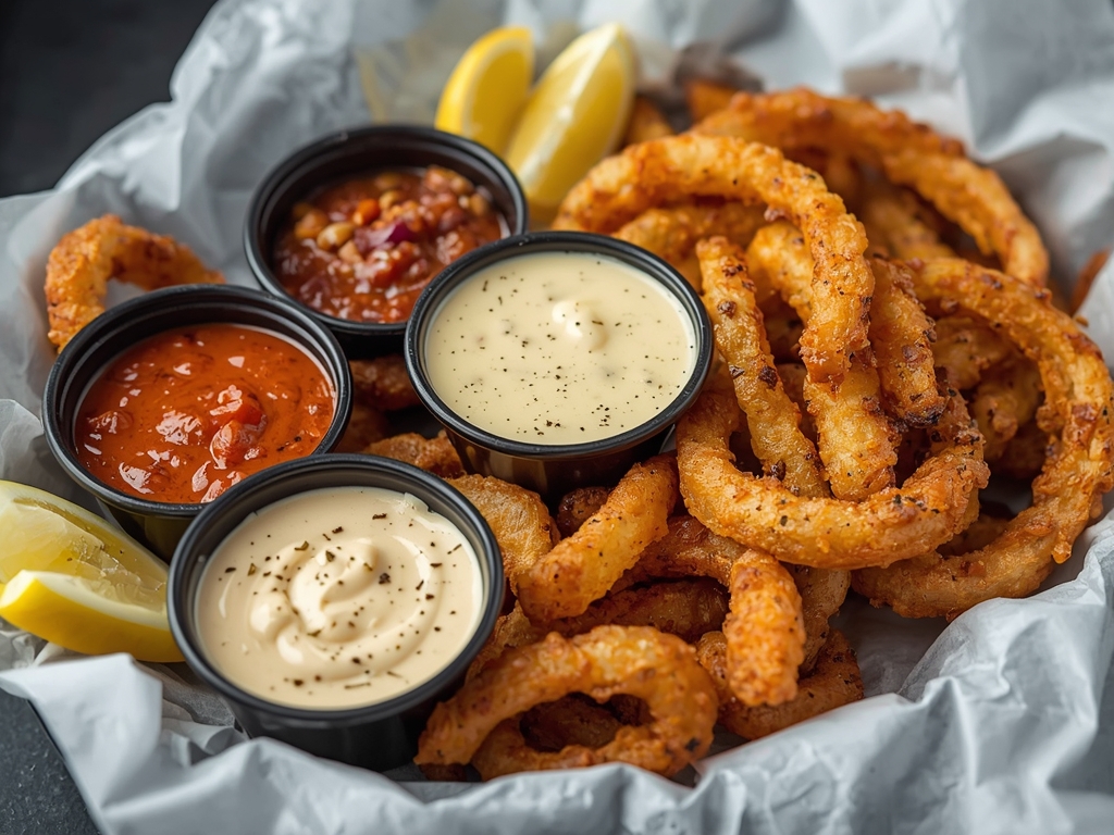 A plate of onion rings with a variety of regional
