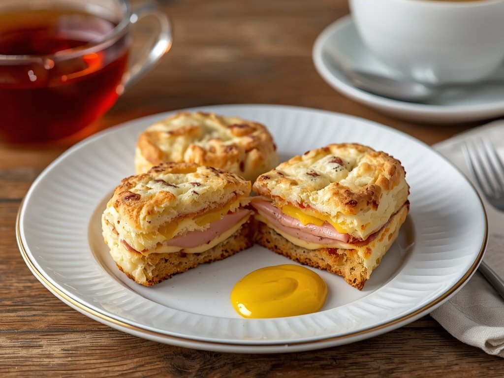 A plate with two ham and cheese scones, one split