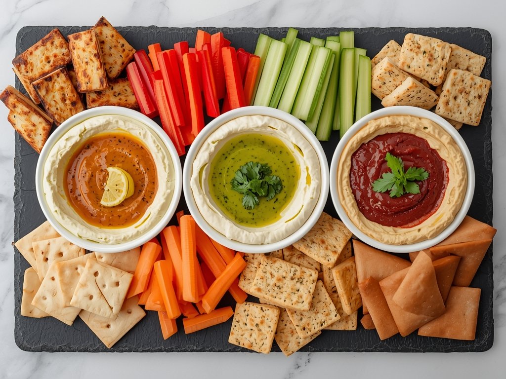 A platter featuring the three hummus flavors, each paired with