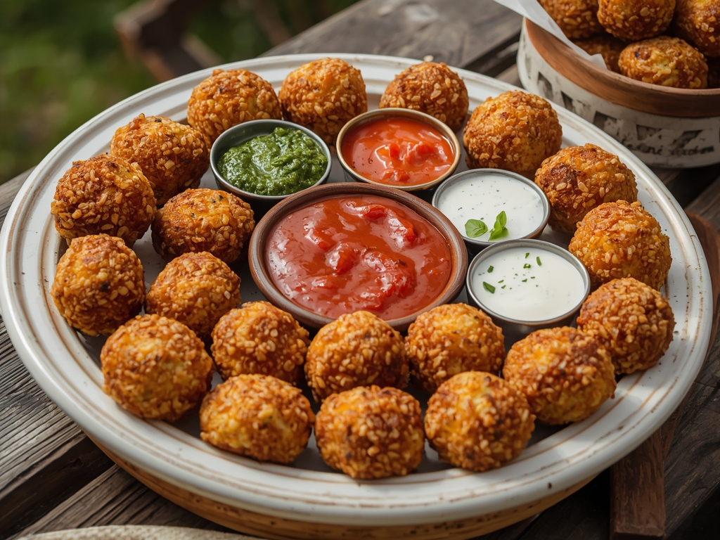 A platter of arancini served with a variety of dipping