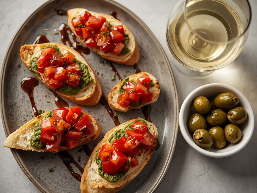A platter of bruschetta topped with pesto, diced tomatoes, and