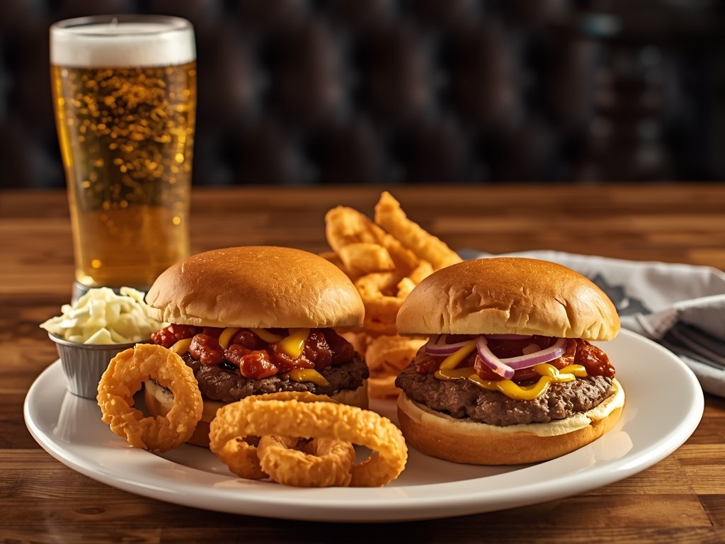 A platter of Chili Mac Burgers served with crispy onion