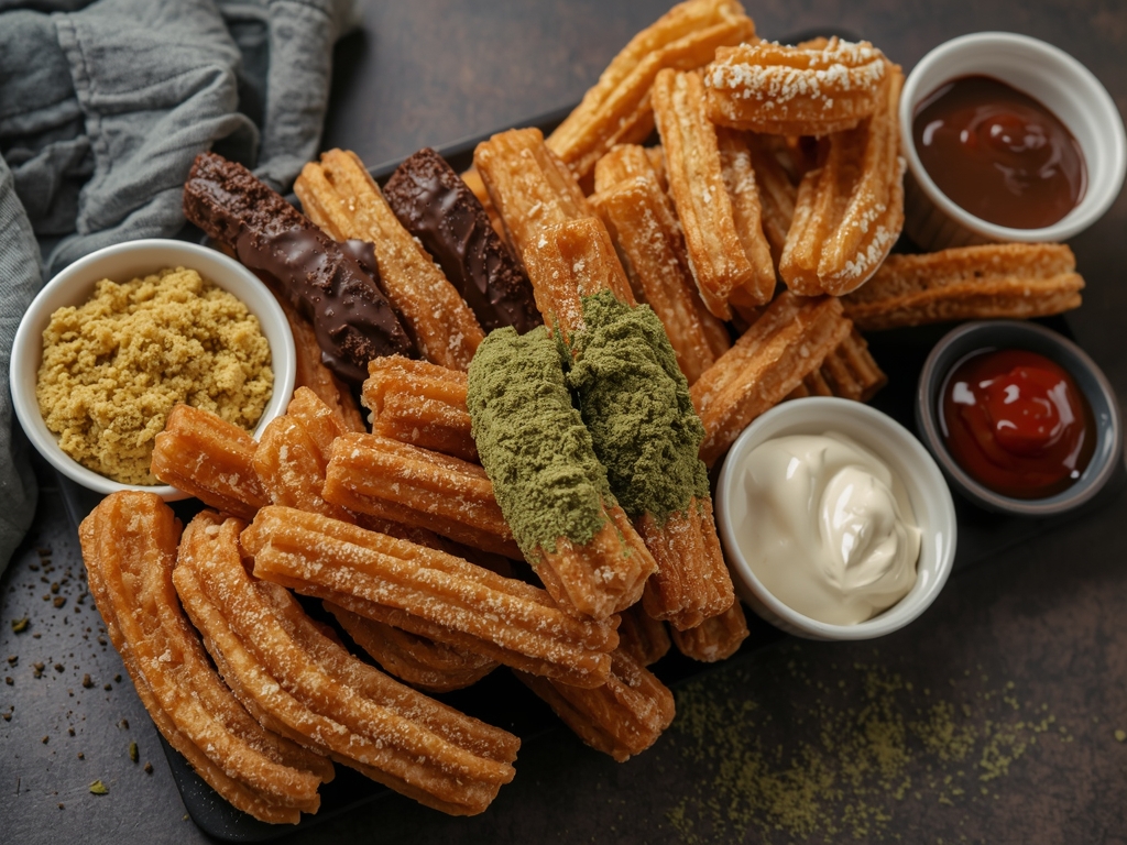 A platter of churros in different styles—classic, chocolate-filled, and matcha-dusted—served