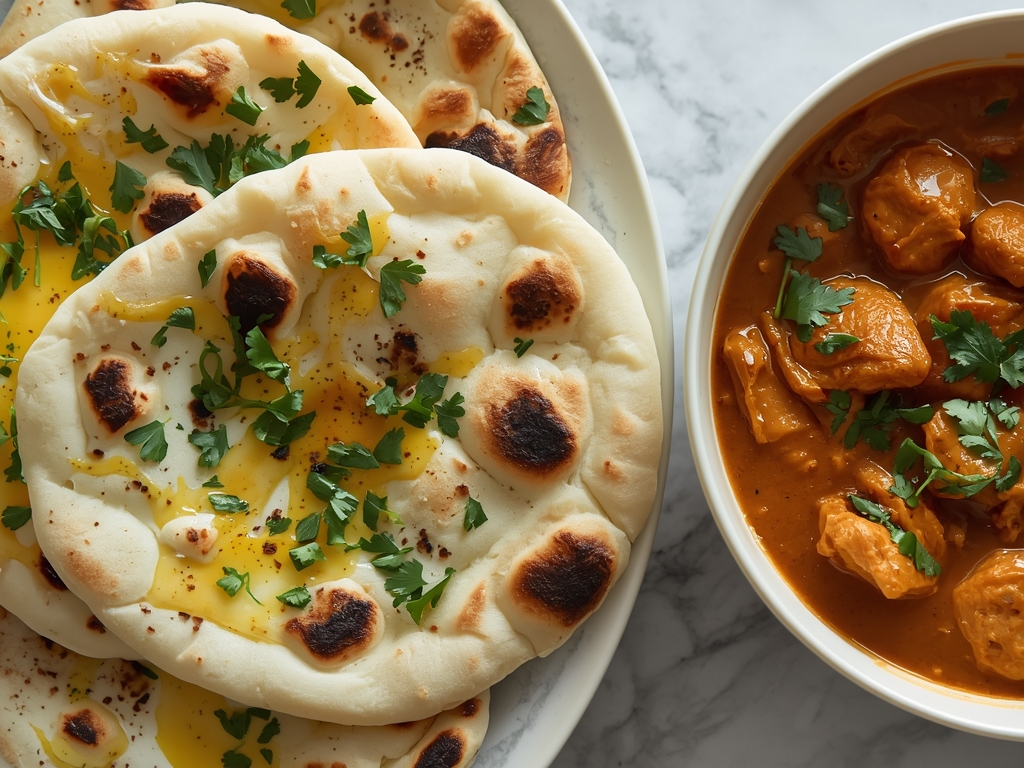 A platter of freshly baked naan, brushed with melted ghee