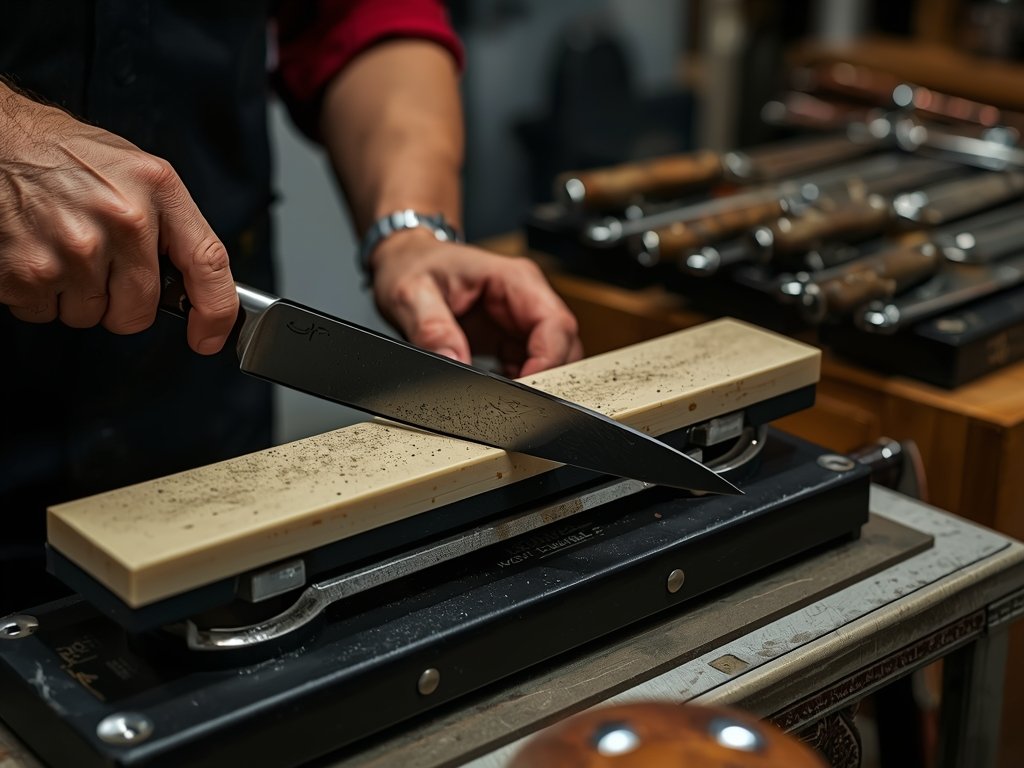 A professional knife sharpener at work, using a traditional whetstone,