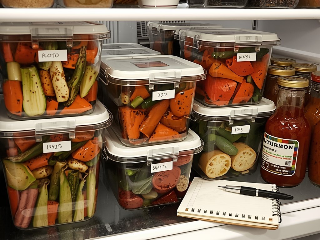 A refrigerator filled with airtight containers of roasted vegetables, labeled