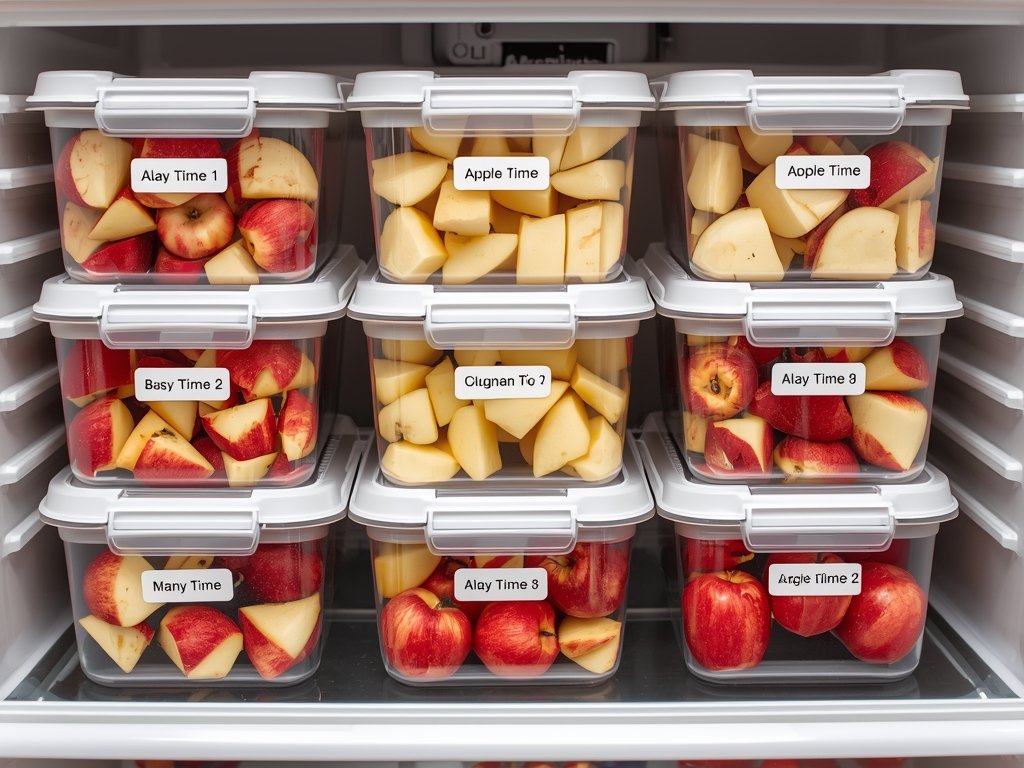 A refrigerator shelf with containers of cut apples stored in