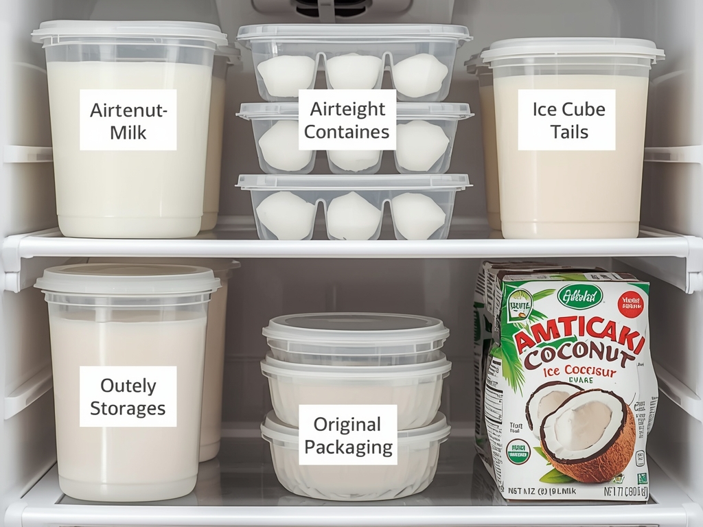 A refrigerator shelf with various containers of coconut milk, each