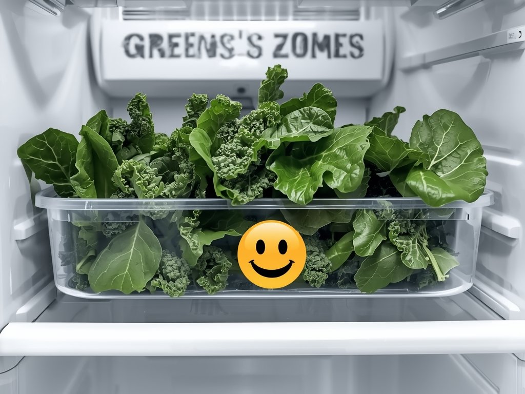 A refrigerator with a designated "greens zone" on the bottom