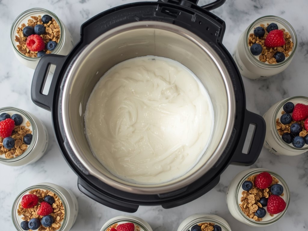 A rice cooker filled with warm milk and yogurt culture,
