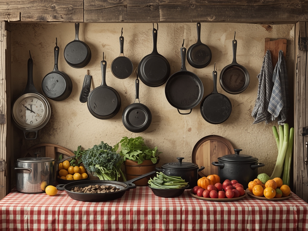 A rustic farmhouse kitchen with a collection of vintage cast