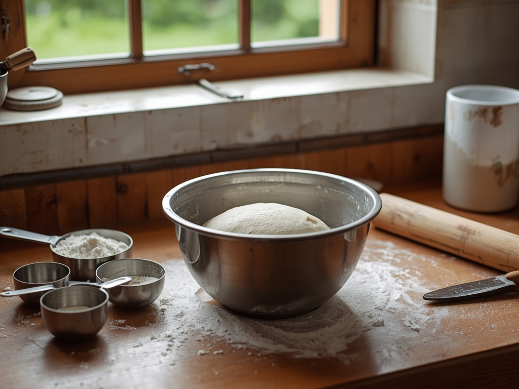 A rustic kitchen counter with a large mixing bowl filled