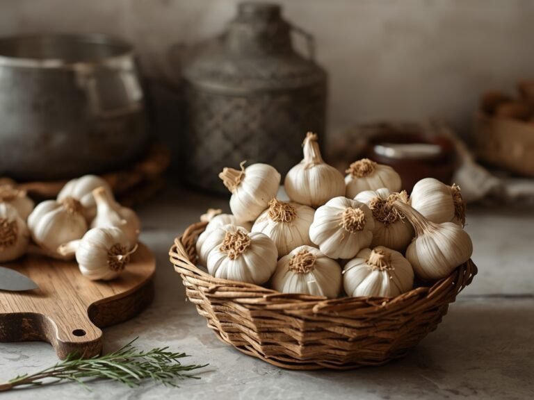 A rustic kitchen counter with a woven basket filled with