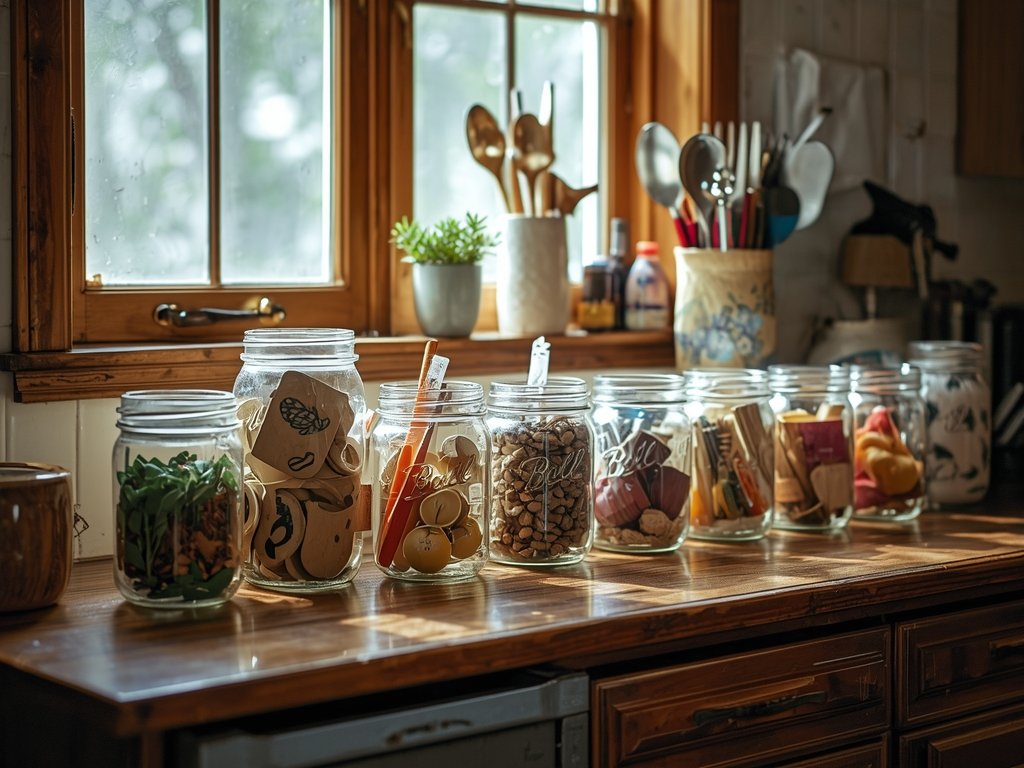 A rustic kitchen counter with a row of Mason jars