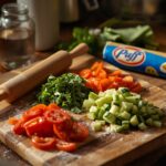 A rustic kitchen scene with a wooden cutting board holding