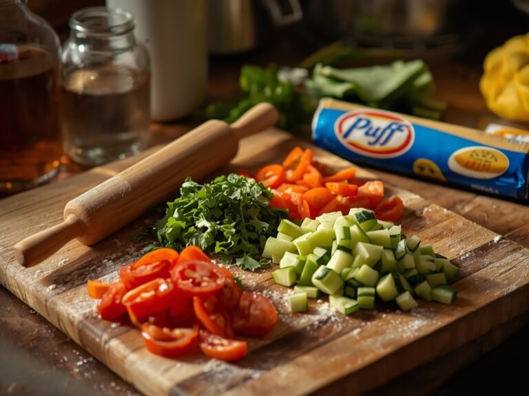 A rustic kitchen scene with a wooden cutting board holding