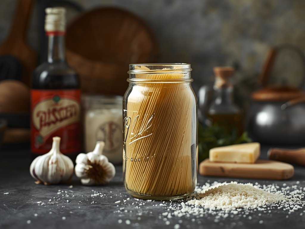A rustic kitchen scene with a jar of leftover pasta
