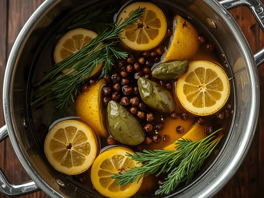 A rustic kitchen scene with a large pot filled with