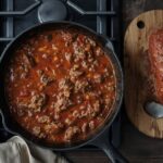 A rustic kitchen scene with a cast-iron skillet filled with