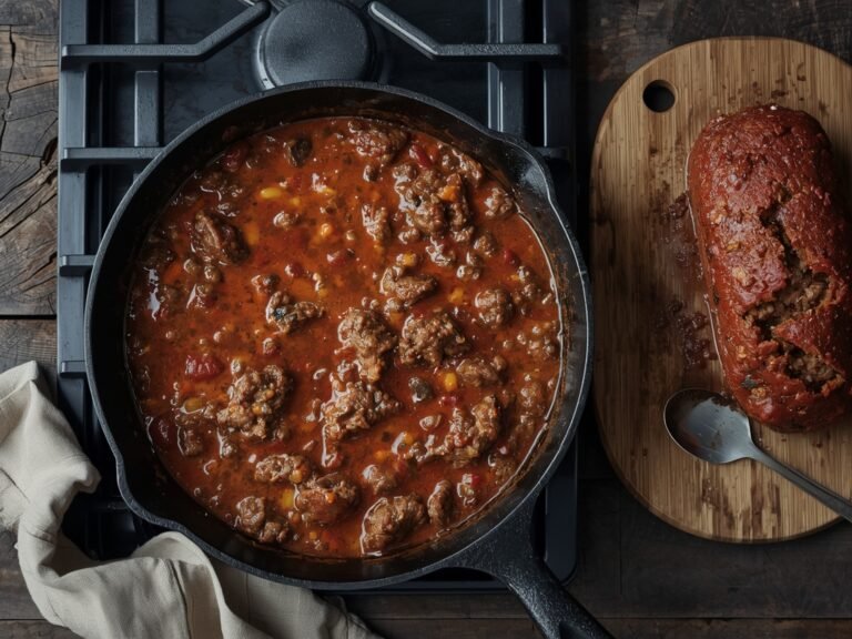 A rustic kitchen scene with a cast-iron skillet filled with