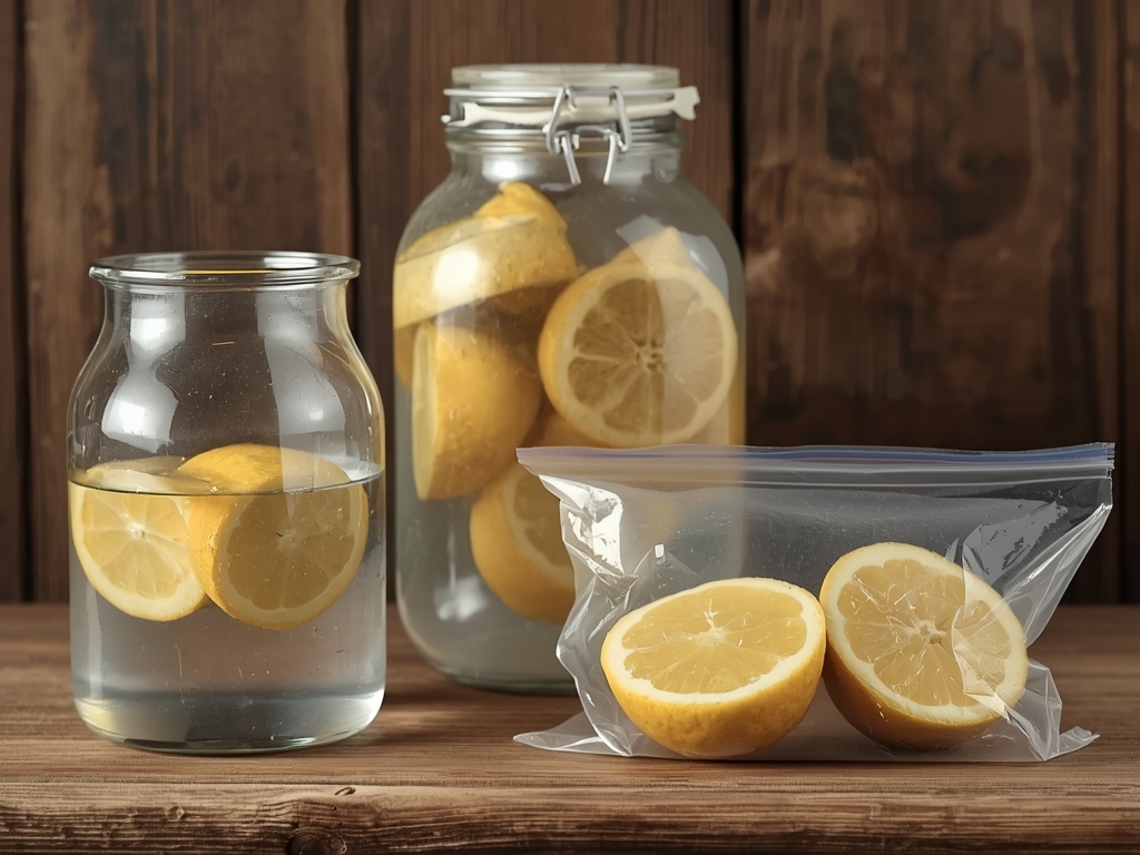 A rustic kitchen scene with various storage methods for lemon
