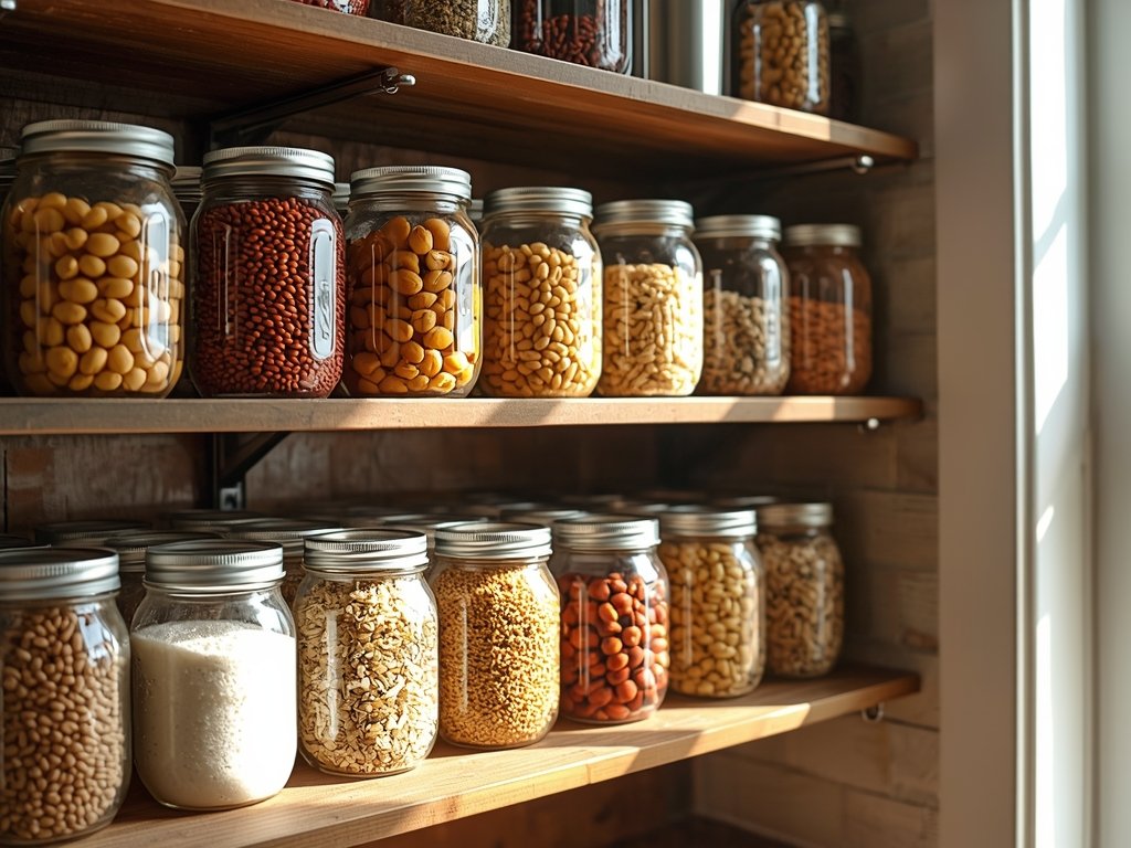 A rustic kitchen shelf filled with neatly arranged Mason jars