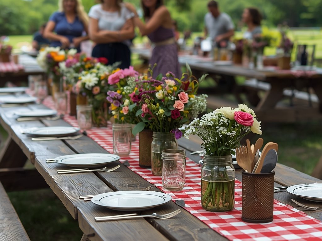 A rustic outdoor picnic table with Mason jars serving as