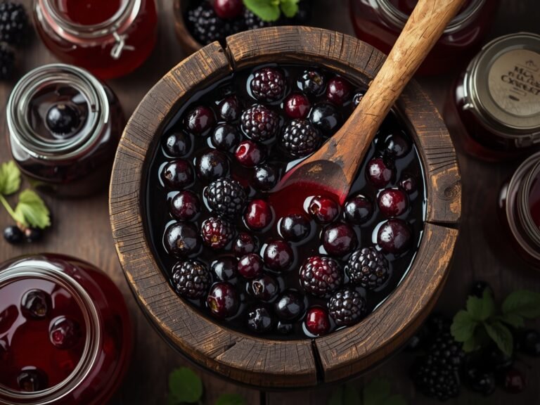 A rustic wooden barrel filled with fresh berries and vinegar,