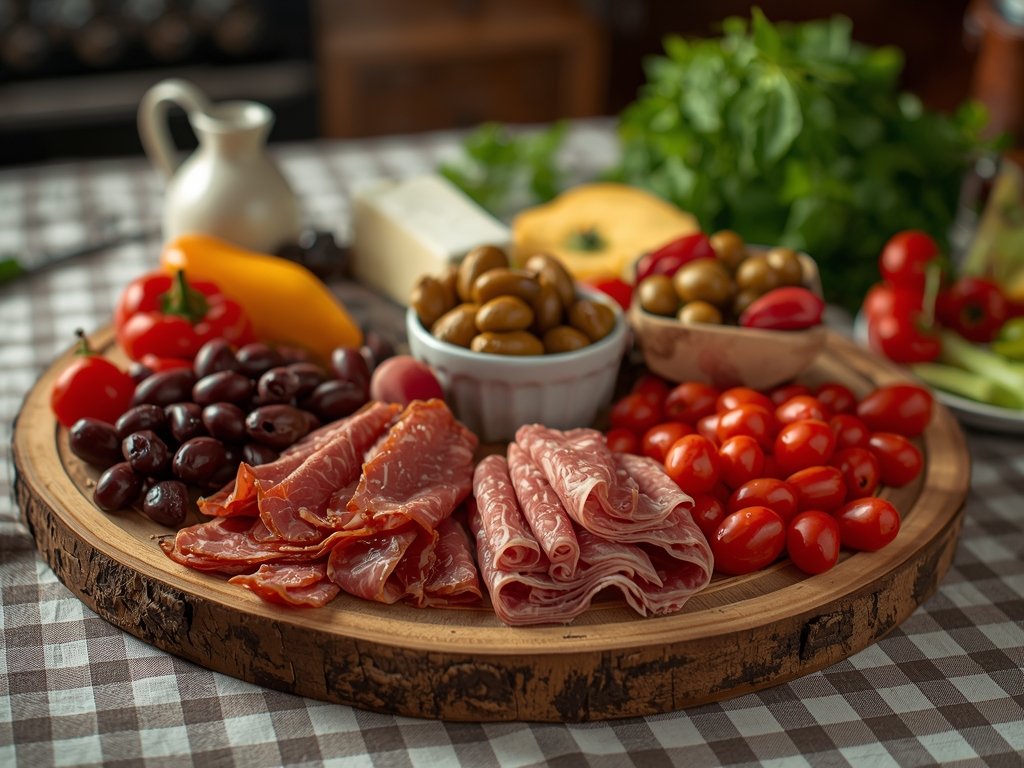 A rustic wooden board filled with an assortment of antipasto