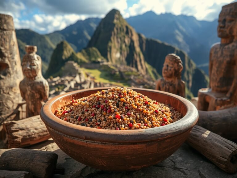 A rustic wooden bowl filled with cooked quinoa, surrounded by