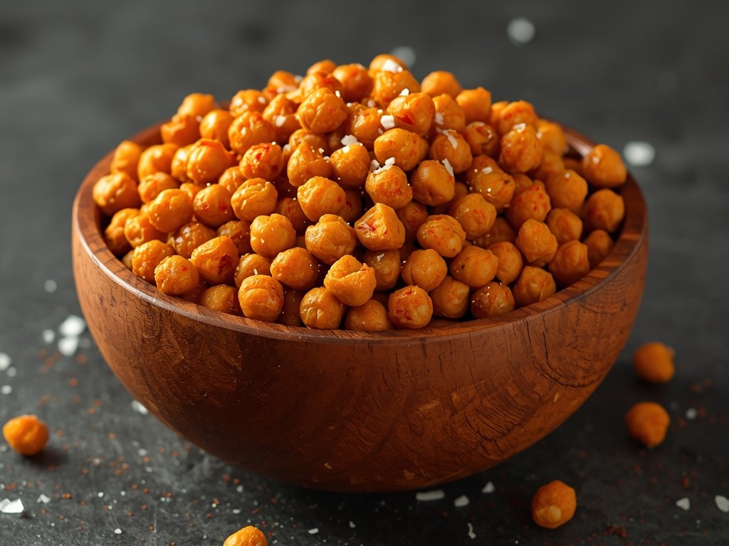 A rustic wooden bowl filled with golden-brown roasted chickpeas, sprinkled