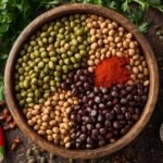 A rustic wooden bowl filled with an assortment of colorful
