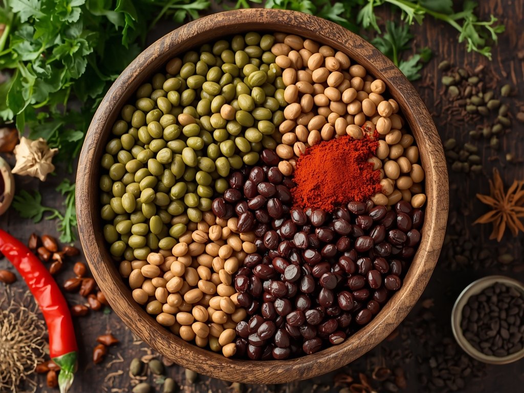 A rustic wooden bowl filled with an assortment of colorful