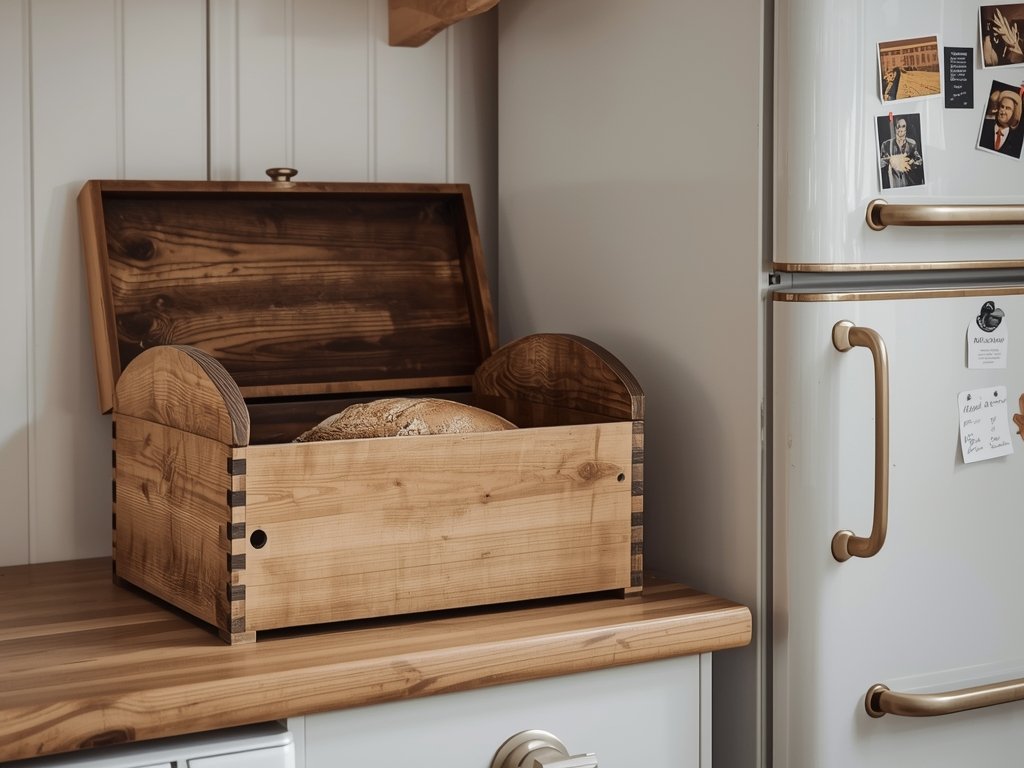 A rustic wooden bread box on a kitchen counter, slightly