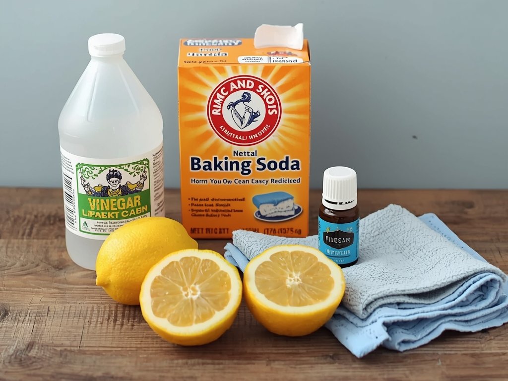 A rustic wooden countertop with a collection of natural cleaning