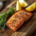 A rustic wooden cutting board with flaked leftover salmon, fresh