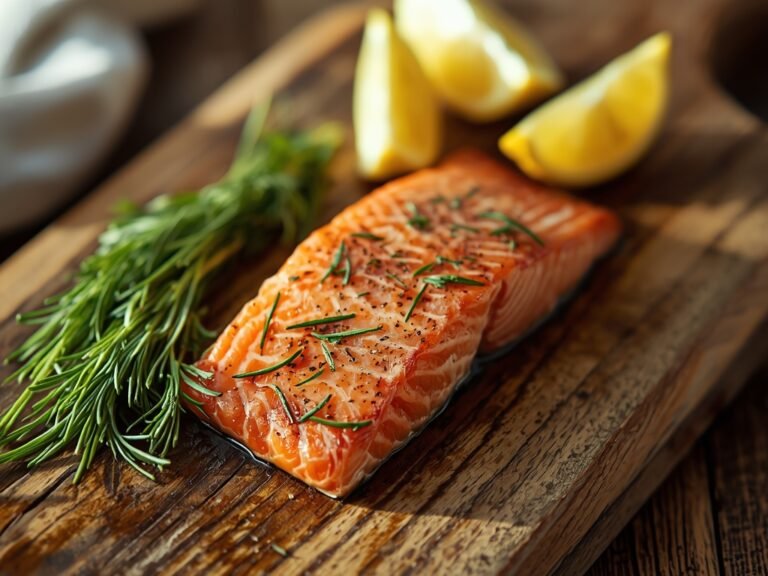 A rustic wooden cutting board with flaked leftover salmon, fresh