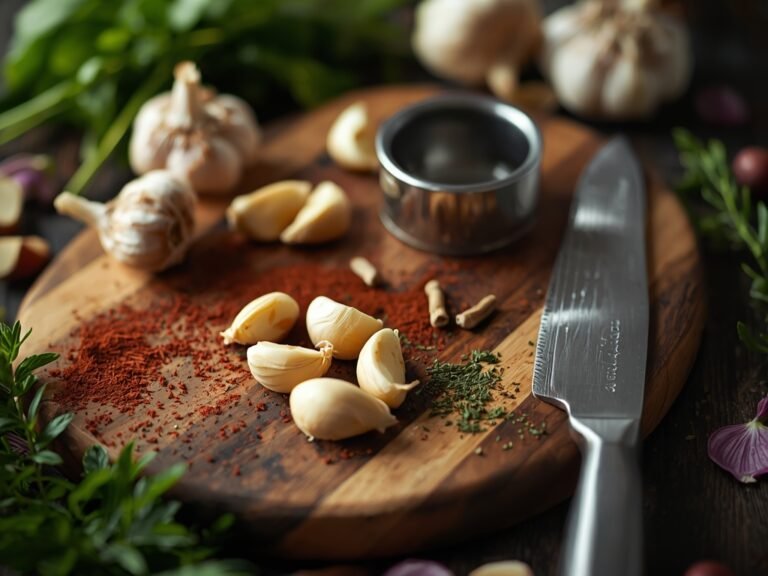 A rustic wooden cutting board with a garlic press, chef's