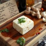 A rustic wooden cutting board with a block of firm