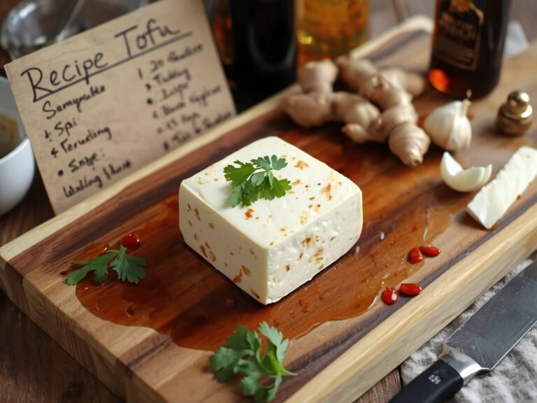 A rustic wooden cutting board with a block of firm