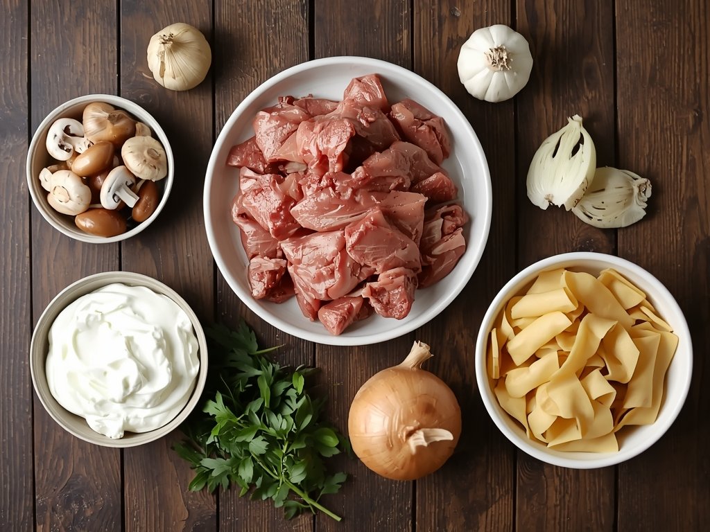 A rustic wooden table filled with ingredients for brisket stroganoff: