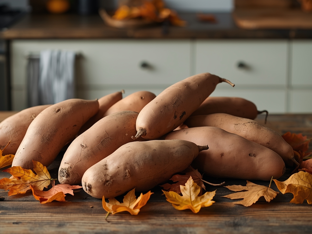 A rustic wooden table filled with freshly harvested sweet potatoes,