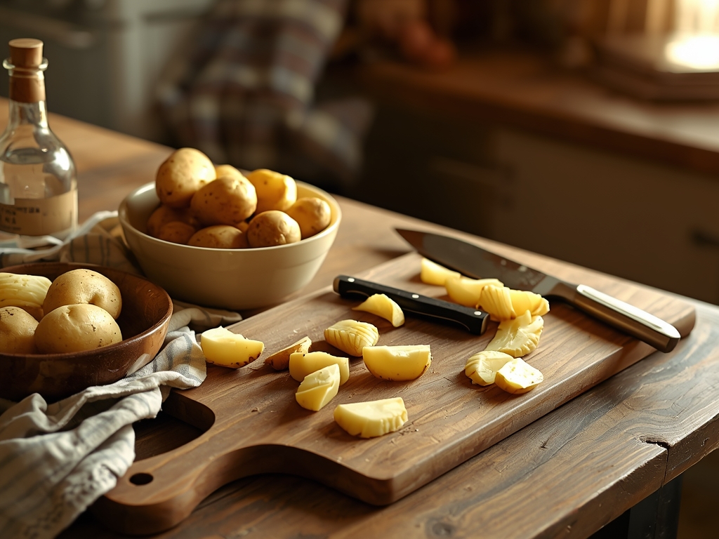 A rustic wooden table with a bowl of fresh, unpeeled
