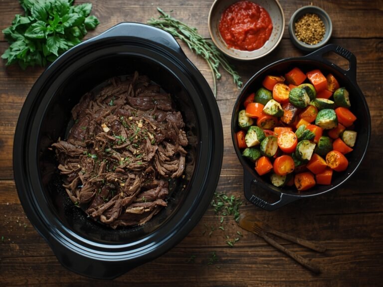 A rustic wooden table with a slow cooker filled with