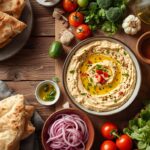 A rustic wooden table with a large bowl of creamy