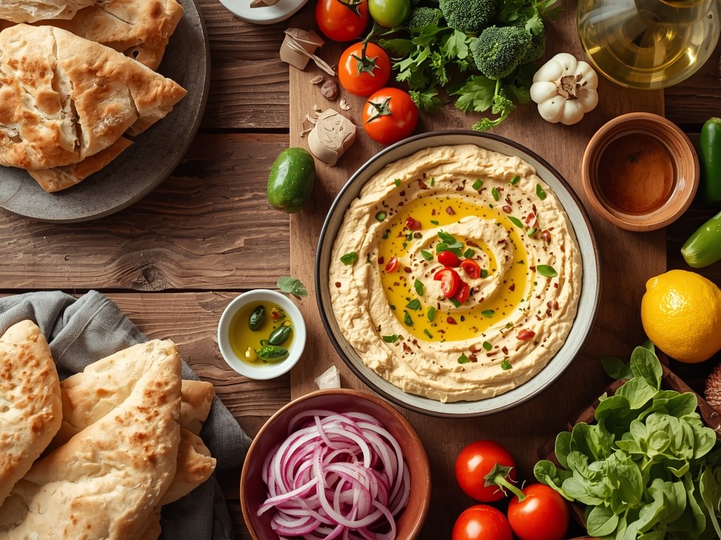 A rustic wooden table with a large bowl of creamy