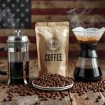 A rustic wooden table with a steaming French press and